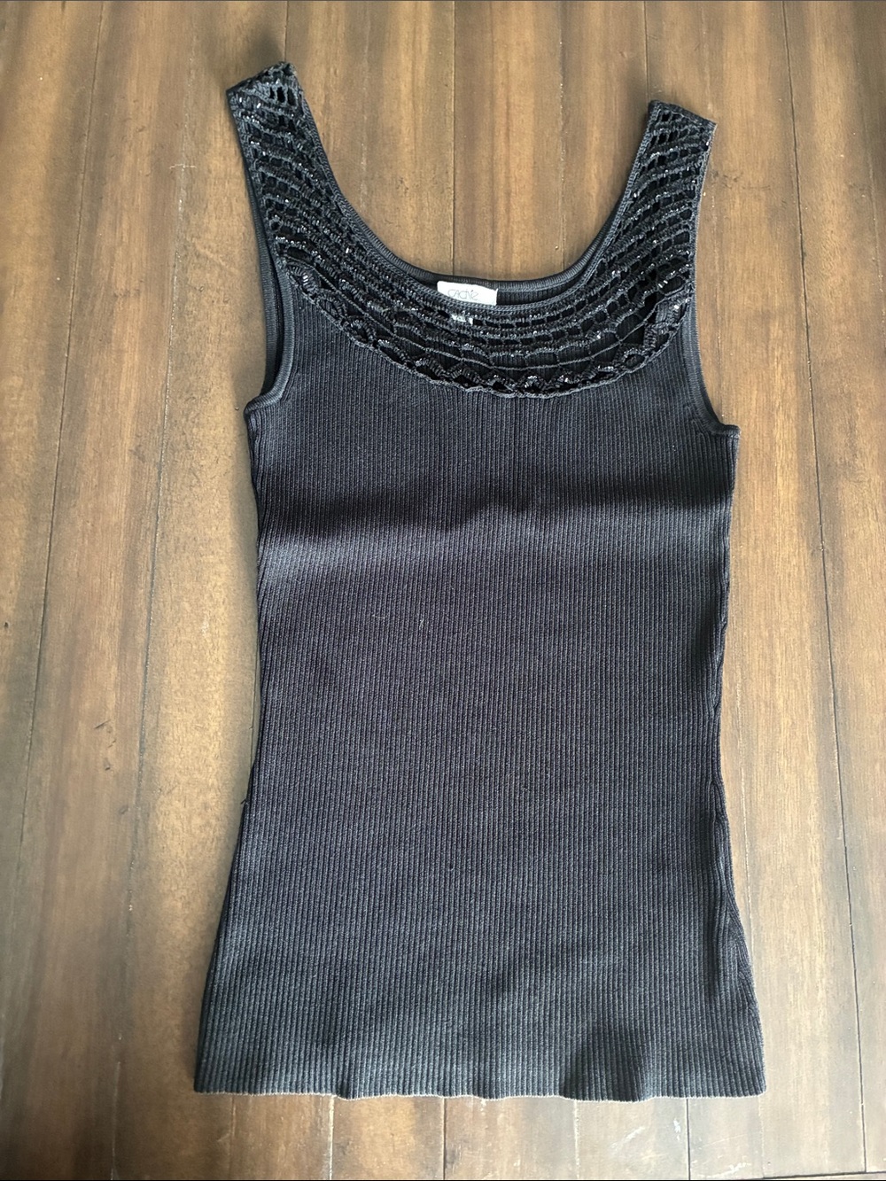 Cache Black Ribbed Tank with Crochet Yoke